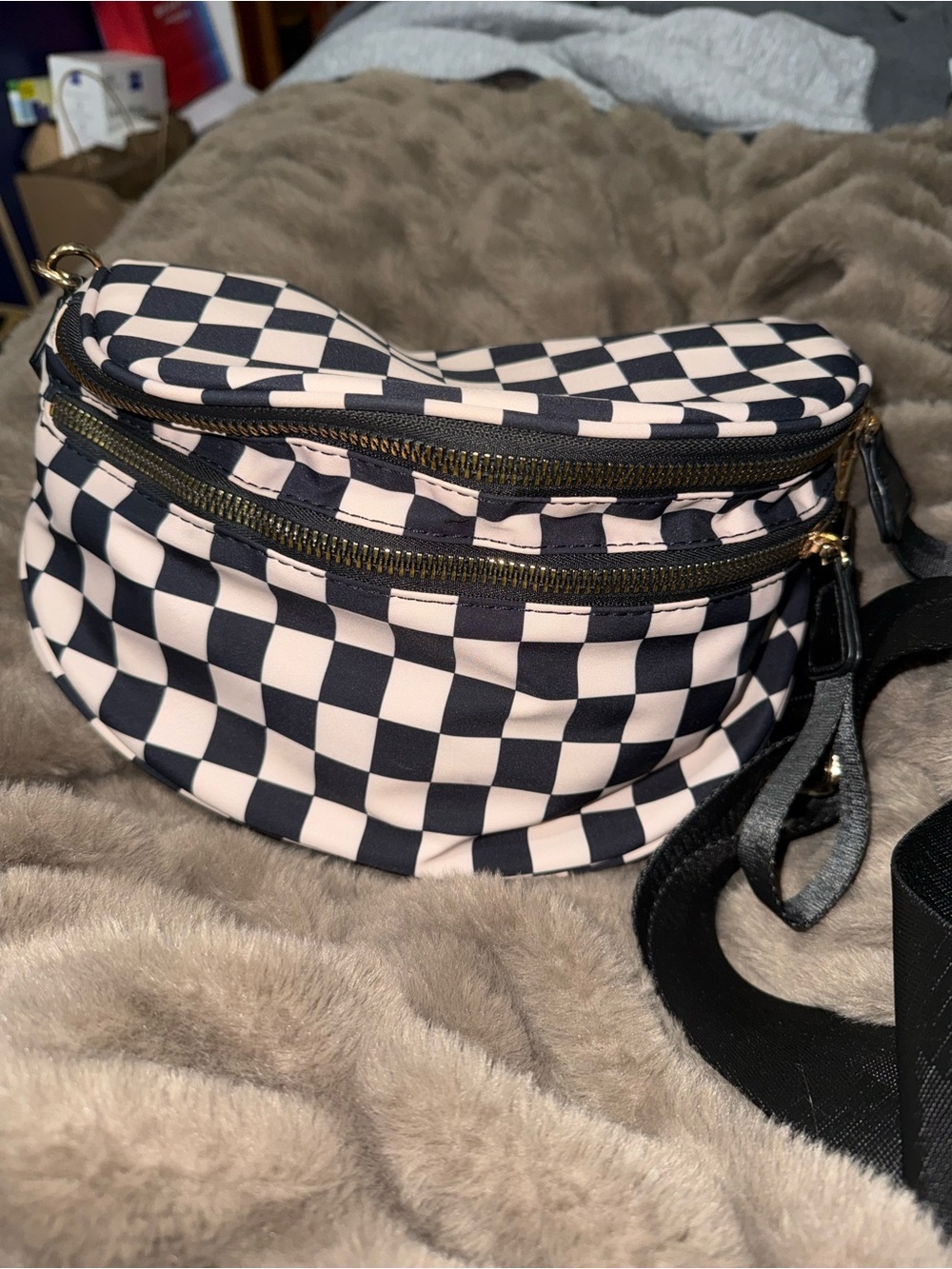 Checkered Black and Beige Crossbody Belt Bag